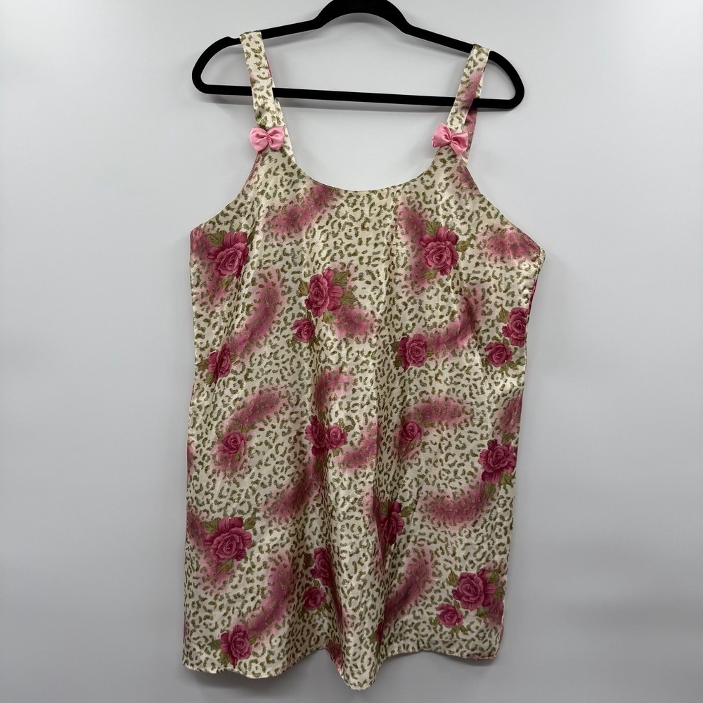 Vintage shabby chic Chemise Slip Dress Nightie Bows Satin‎ Sante Classics Sz L